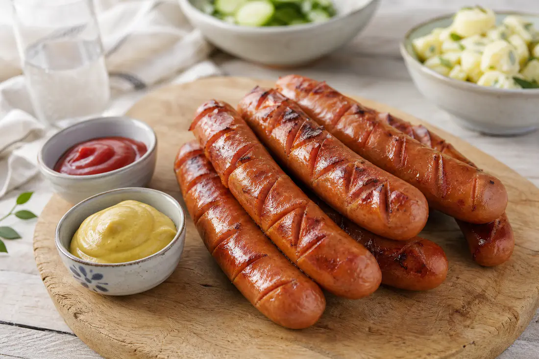 Ruskeiksi paistetut grillimakkarat vinoviiltoineen puulaudalla sinapin ja ketsupin kanssa