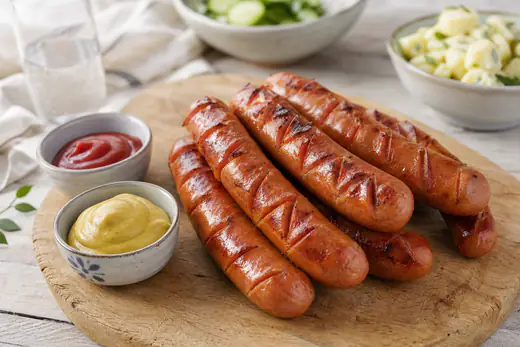Ruskeiksi paistetut grillimakkarat vinoviiltoineen puulaudalla sinapin ja ketsupin kanssa