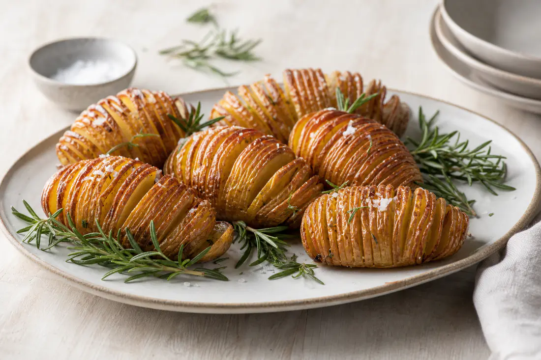 Kullanruskeat hasselbackan perunat tarjoiluvadilla rosmariinin ja sormisuolan kanssa