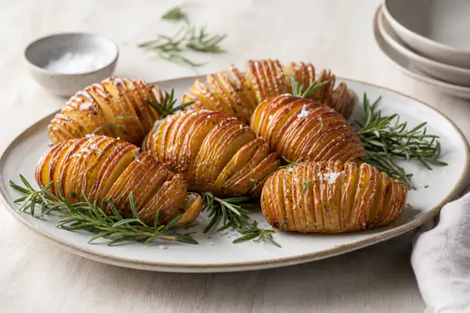 Kullanruskeat hasselbackan perunat tarjoiluvadilla rosmariinin ja sormisuolan kanssa
