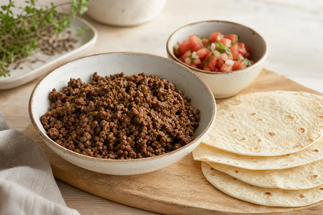 Ruskistettu murustettu jauheliha kulhossa, vieressä lämpimiä tortilloja ja tomaattisalsaa