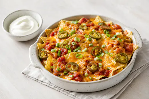 Pieni vuoka täynnä sulaneella juustolla peitettyjä tortillachipsejä, salsaa ja jalapeñoviipaleita