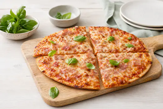 Neljään osaan leikattu paistettu pakastepizza kinkulla ja sulaneella juustolla leikkuulaudalla