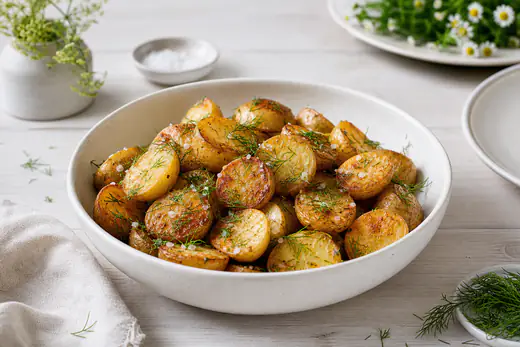Paahdetut puolitetut pikkuperunat tillin kera valkoisessa kulhossa