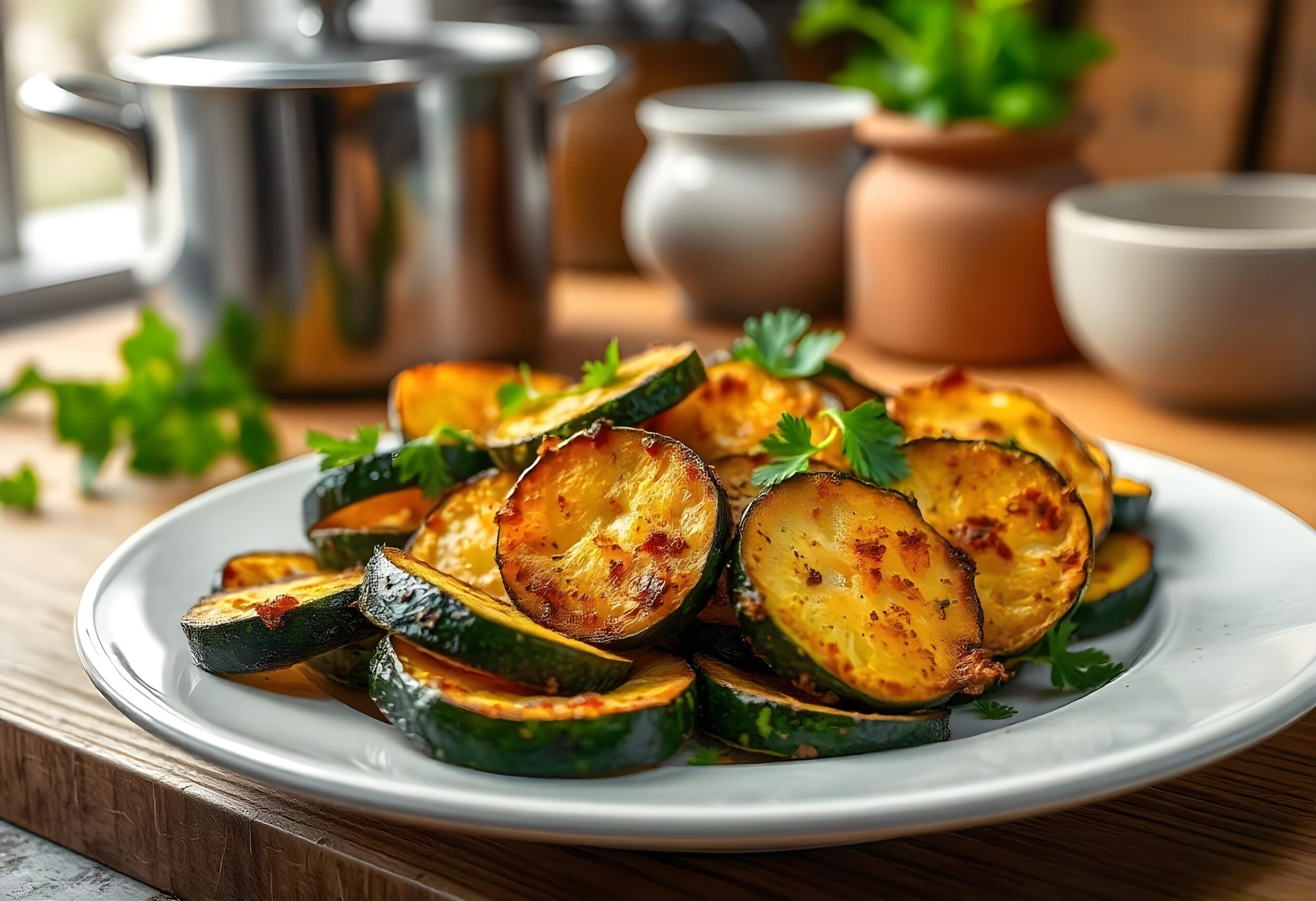 Kesäkurpitsa viipaleina airfryer valmiina paistumaan.