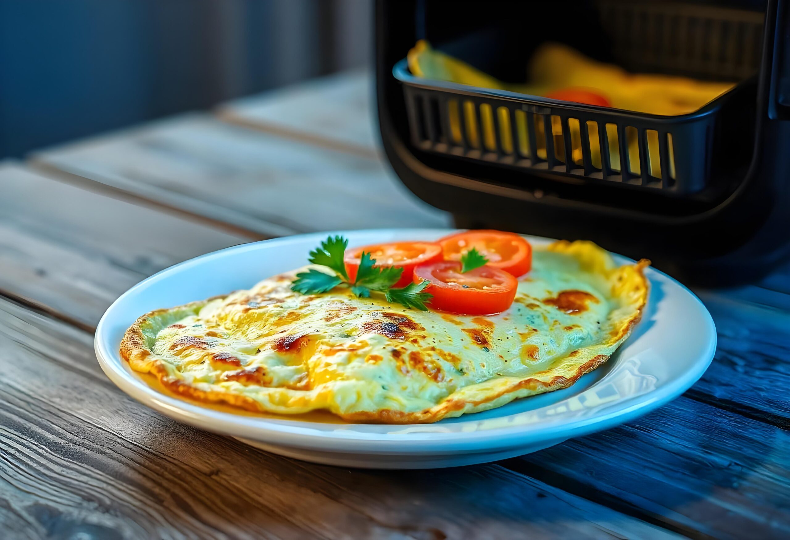 Omelet airfryer vuoassa kypsymässä